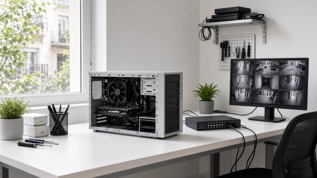 Taller con un equipo abierto, un switch de red y un monitor de cámaras